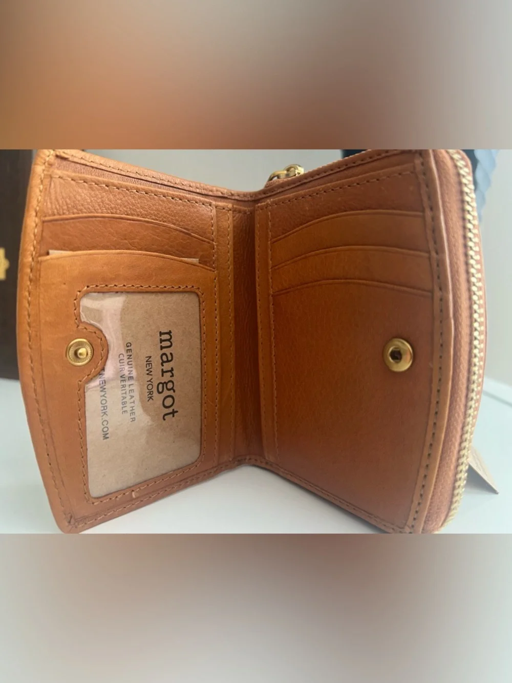 Margot New York Cognac Leather Wallet Zip Around Compact Card Holder NWT